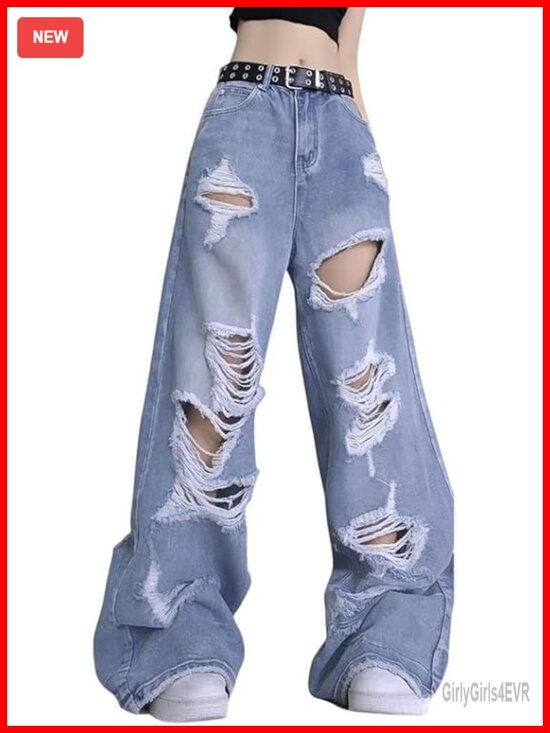 Denim - Baggy Ripped Straight Leg High Waisted Distressed Jeans Y2K